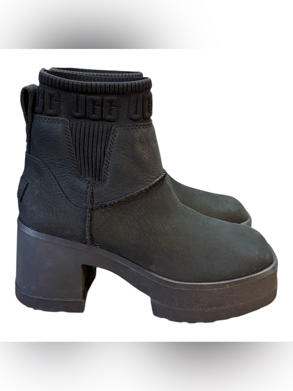 UGG Moxy Chelsea Boots Black Leather Platform Heeled Lug Sole Women’s Size 7